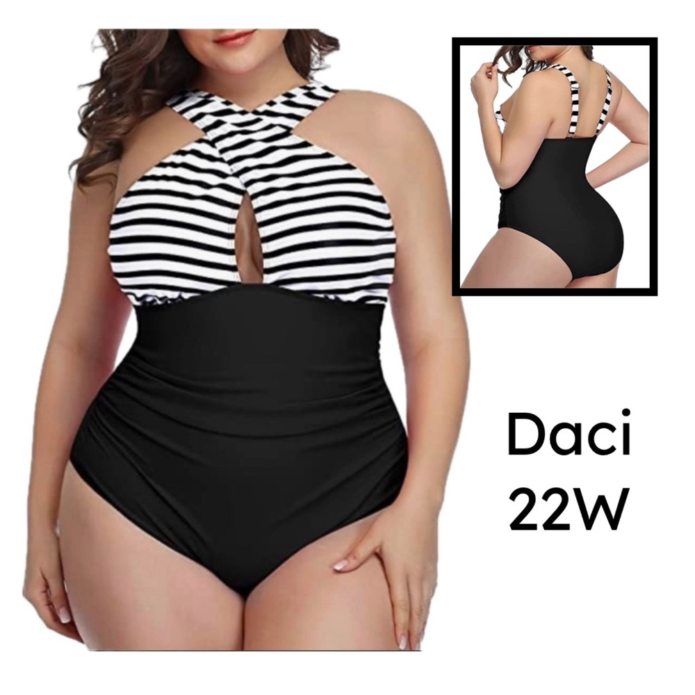 Daci Black & White Stripe Front‎ Cross One Piece Flattering Tummy Coverage 22W